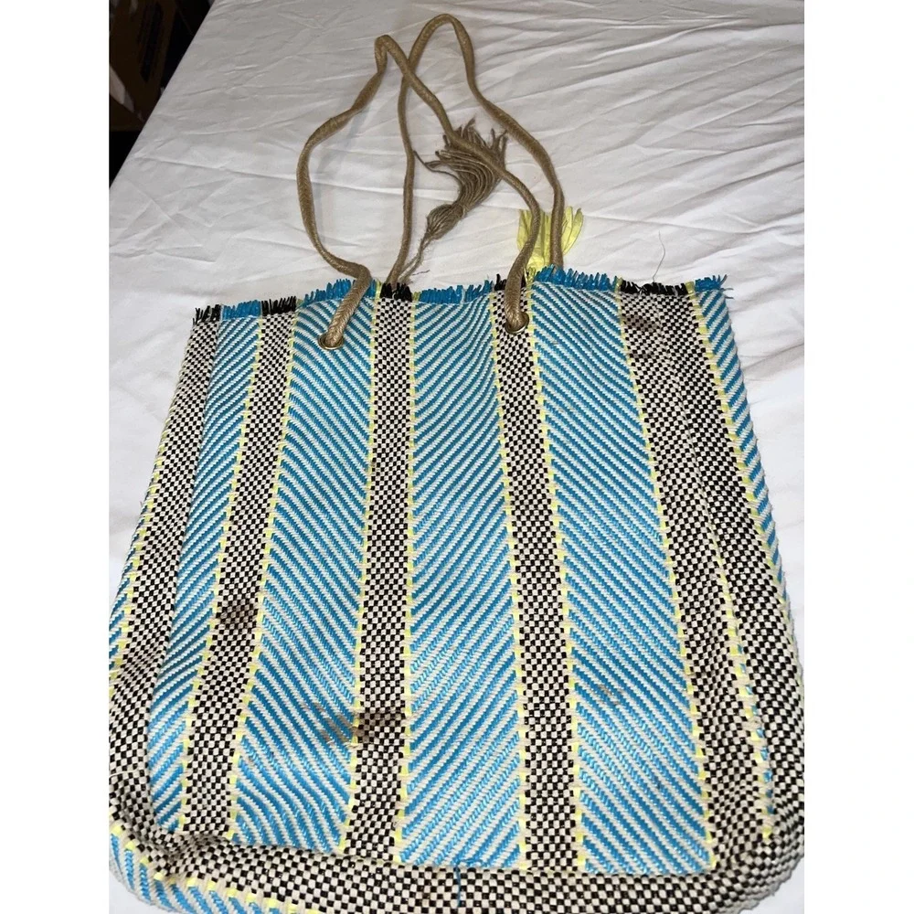 Boho Blue, Yellow and‎ Black Striped Tote Market Bag